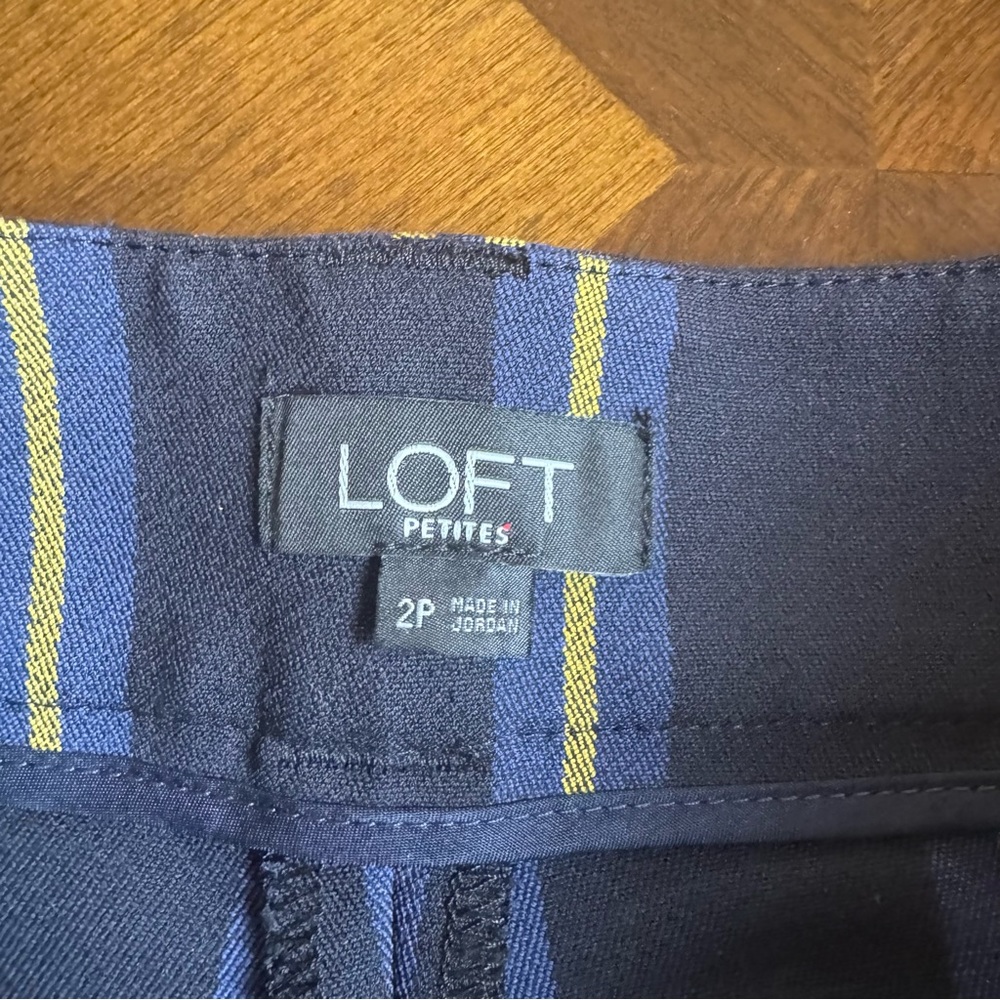 Loft Navy blue yellow pinstripe slacks EUC - Picture 3 of 5